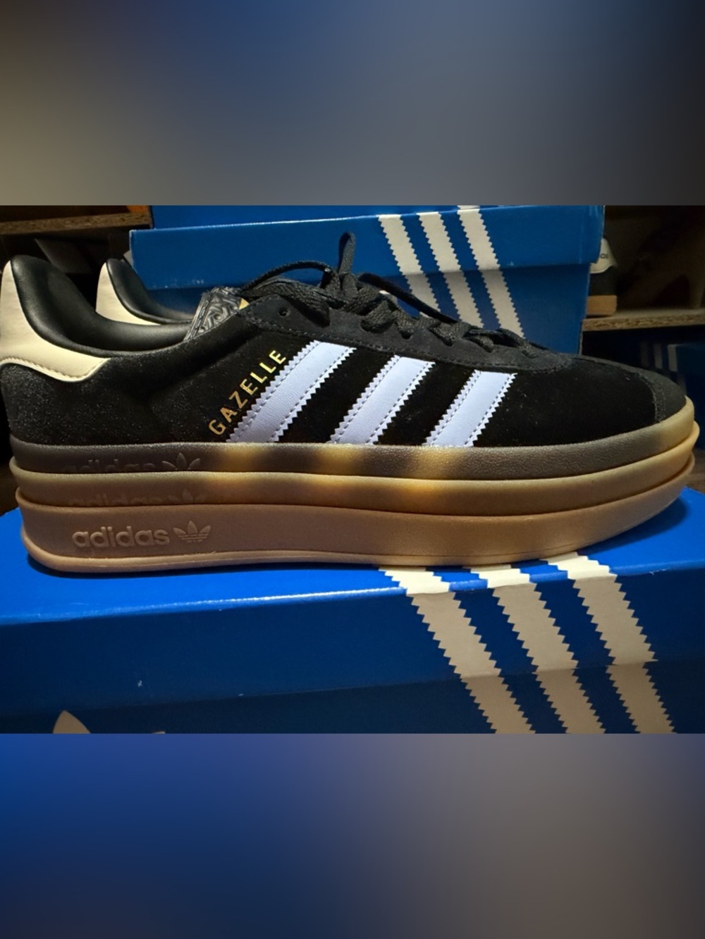 adidas Gazelle Platform Sneaker in Black, Blue with a Gum bottom